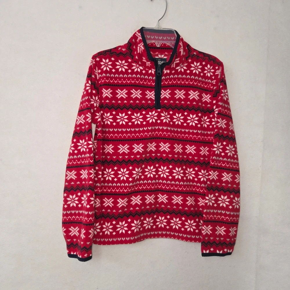 OshKosh B'gosh Fleece Pullover Kids 14 Red White Fair Isle Snowflake Quarter Zip